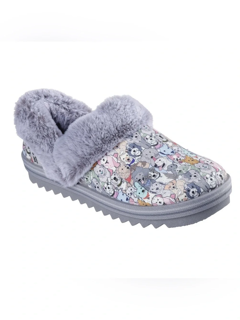 BOBS from Skechers Gray Plush Clog Slippers with Multicolor Puppy Pattern